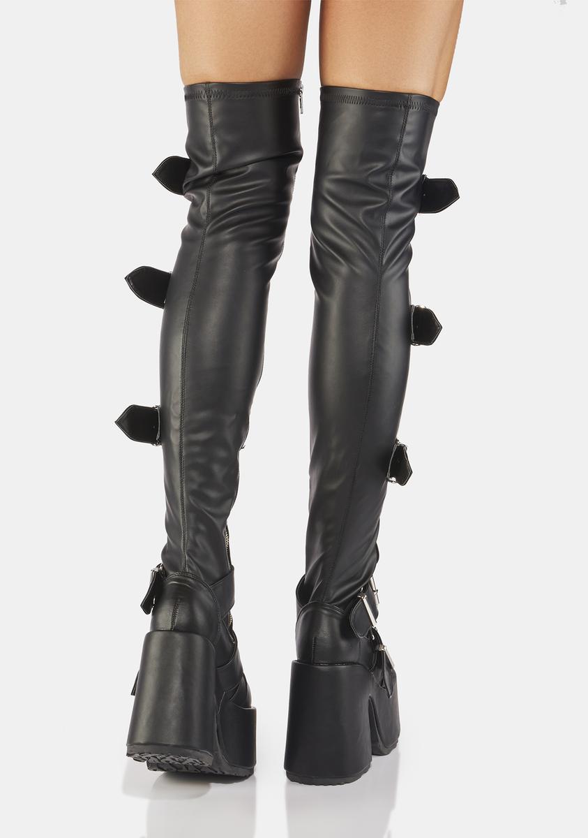 Demonia Camel-305 Thigh High Boots - Black Vegan Leather – Dolls Kill