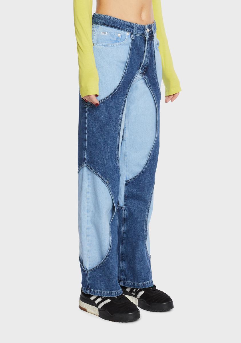 Ragged Priest Equilibrium Patchwork Denim Mom Jeans in Blue Patchwork Denim | Size 26 | 100% Cotton | American Threads