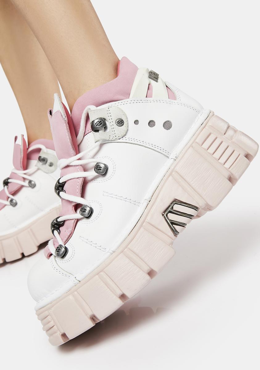 New Rock Chunky Platform Leather Ankle boots - Pink/White