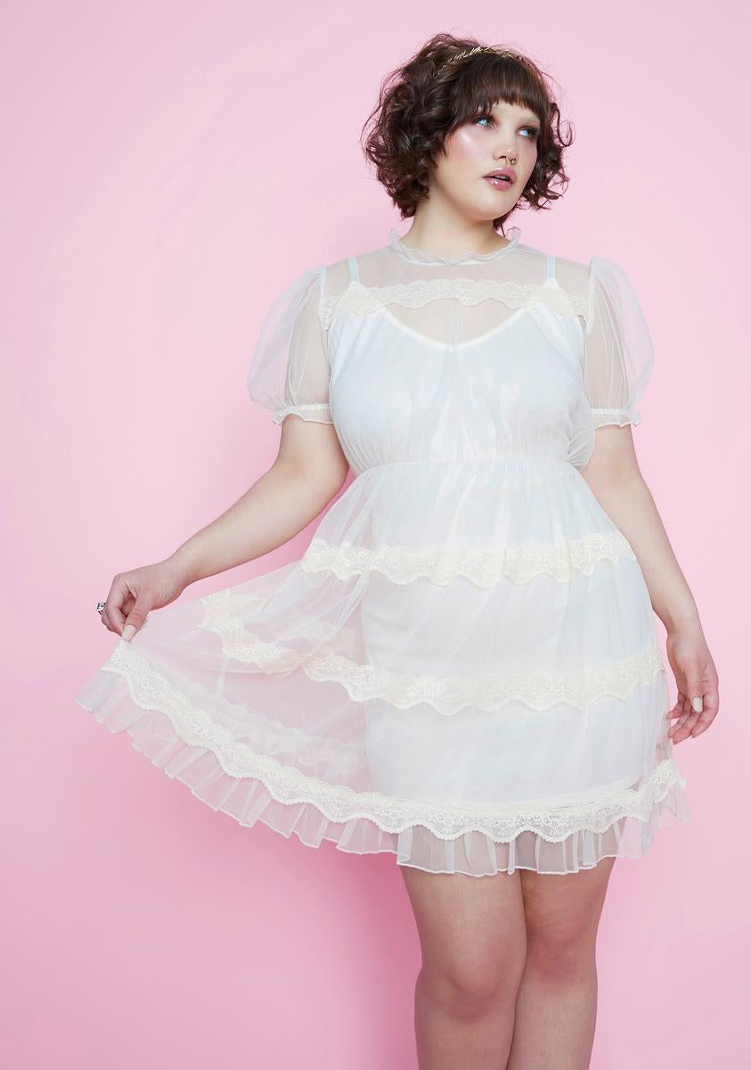 Plus Size Sugar Thrillz Puff Sleeve Sheer Babydoll Dress With Scallop Lace Trim