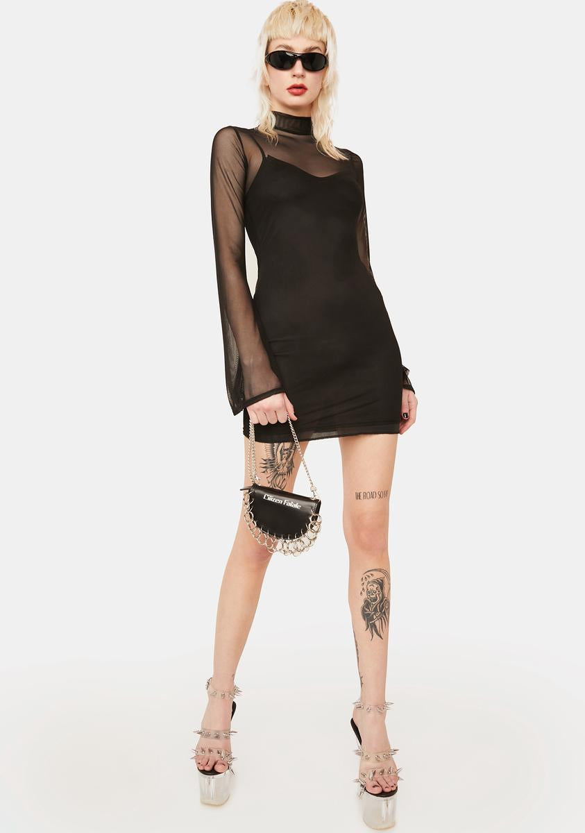 Mock Neck Mesh Bell Sleeve Mini Dress - Black – Dolls Kill