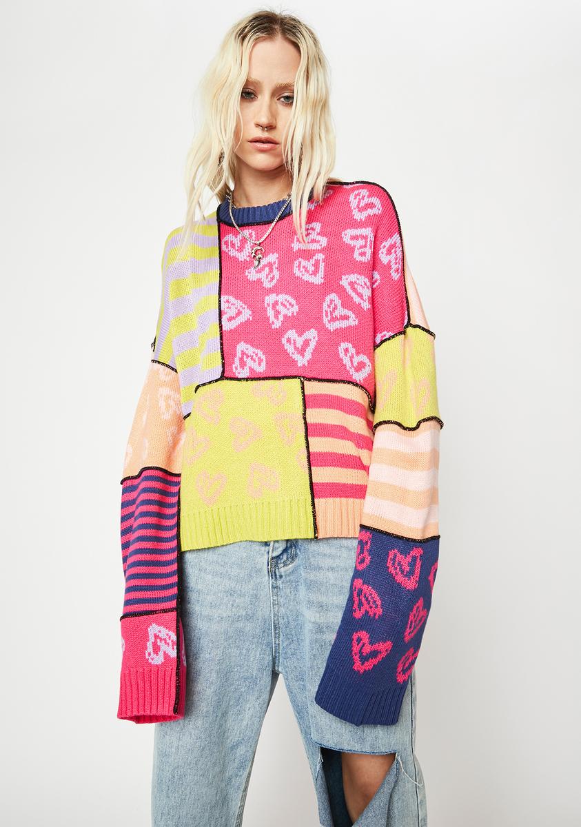 The Ragged Priest Heart And Stripe Patchwork Sweater - Multi – Dolls Kill