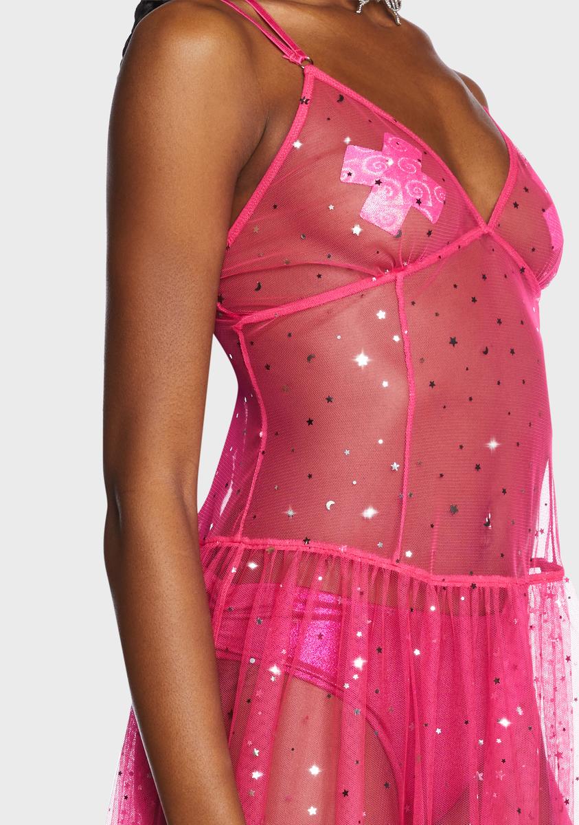 Club Exx Sheer Mesh Glitter Stars And Moon Maxi Dress