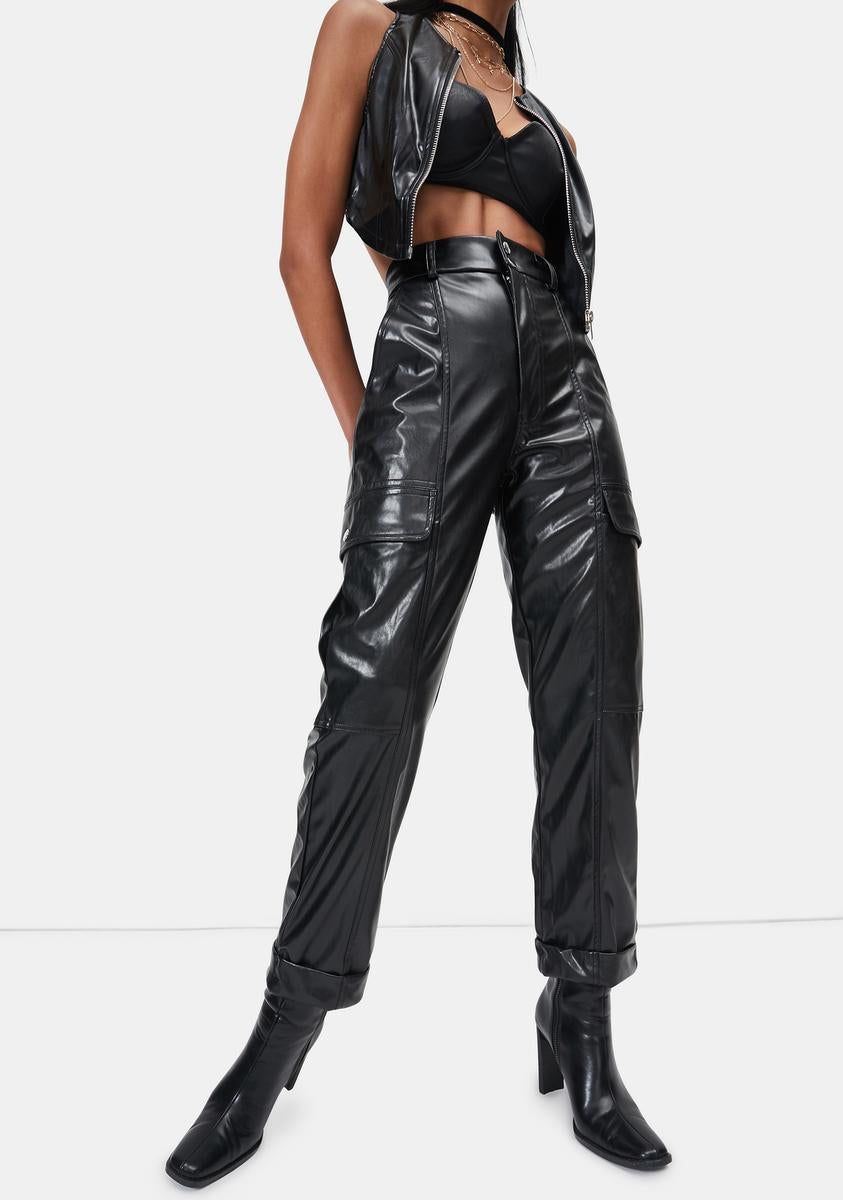 High Waist Vegan Leather Cargo Pants - Black – Dolls Kill