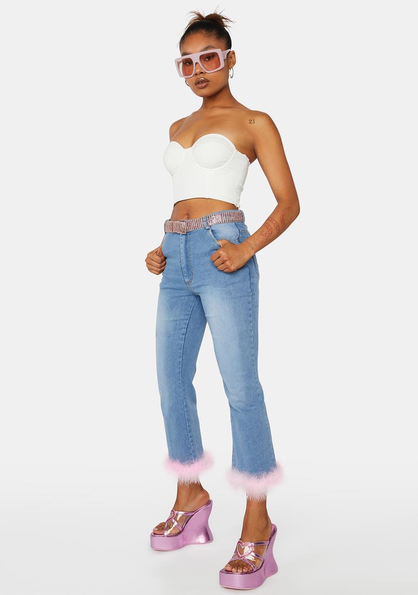 Denim High Waist Fur Trim Flare Pants Light Wash Pink – Dolls Kill