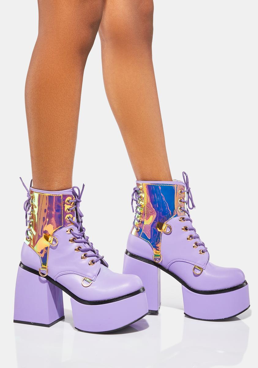 Platform Heel Chrome Lace Up Boots - Lavender – Dolls Kill