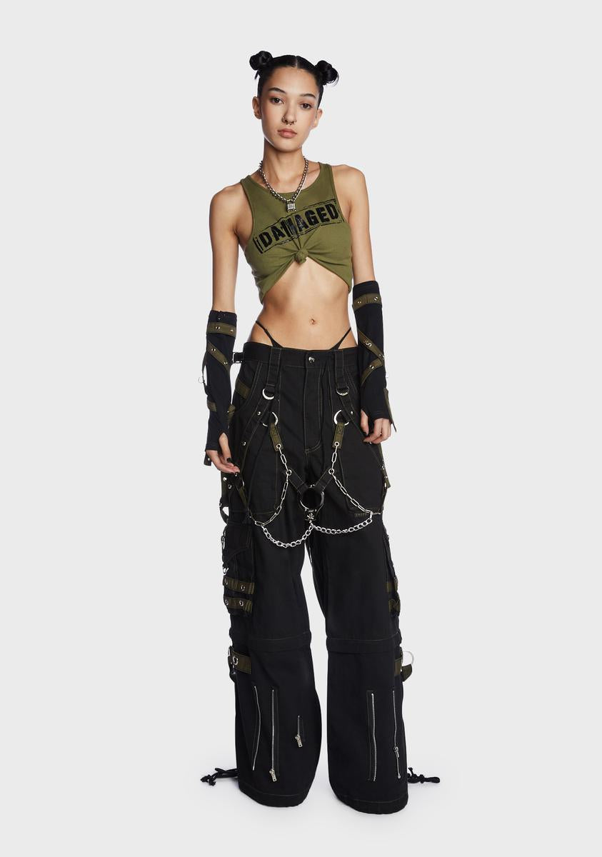 Tripp NYC Wide Leg Handcuff Chain Zip Off Cargo Pants Black/Green