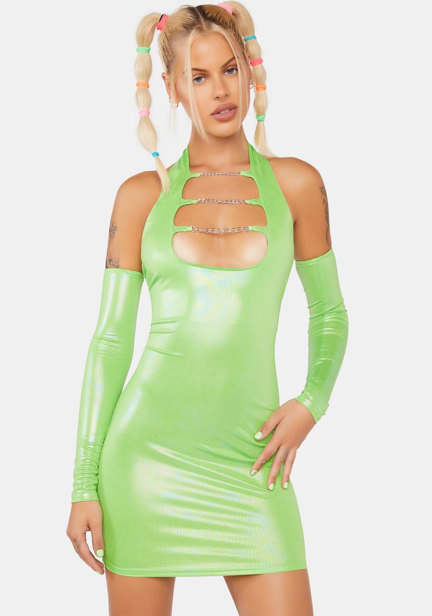 Chain Cut Out Bodycon Mini Dress With Detachable Sleeves - Metallic Green – Doll