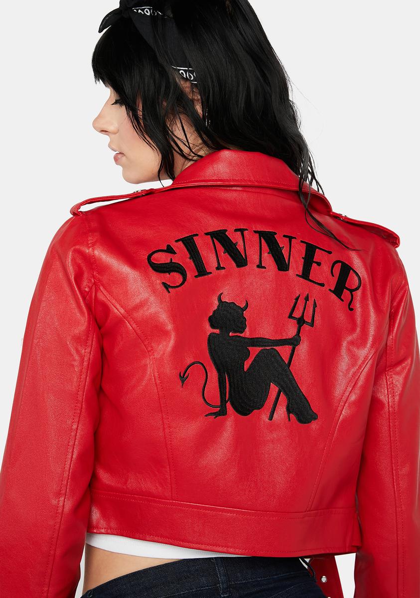 Current Mood Vegan Sinner Graphic Moto Jacket - Red – Dolls Kill