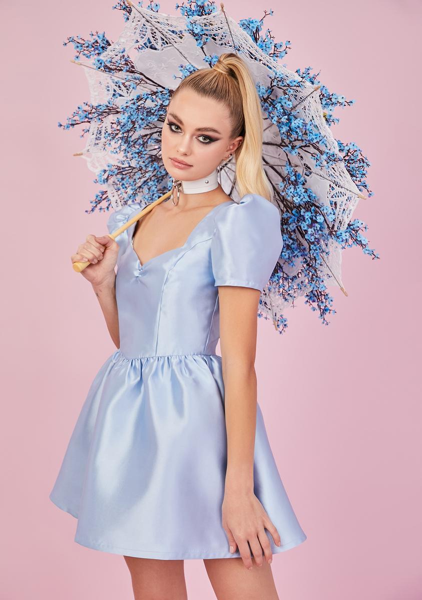 Sugar Thrillz Satin Puff Sleeve Sweetheart Mini Dress - Baby Blue
