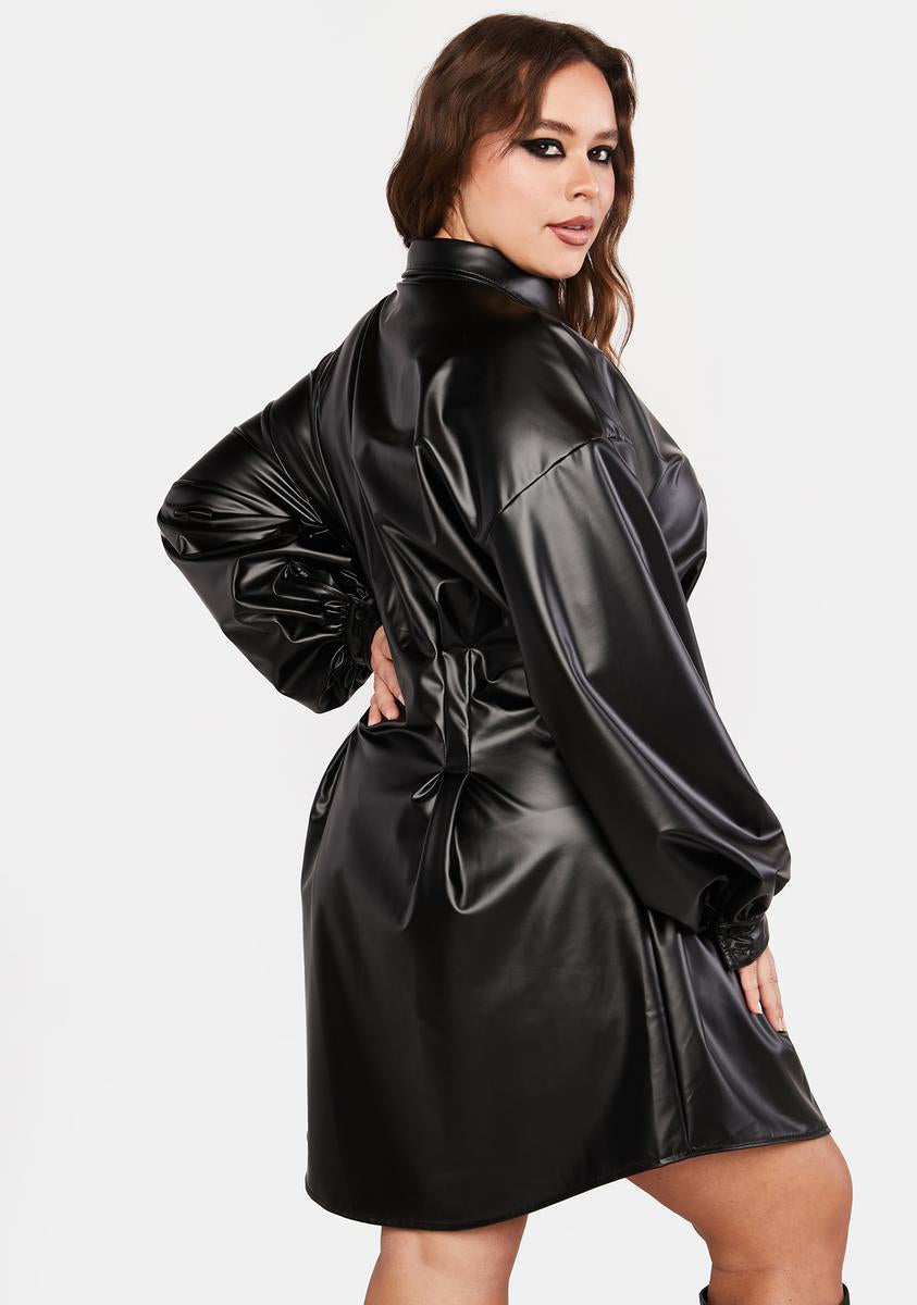 Plus Size Vegan Leather Oversized Balloon Sleeve Shirt Dress