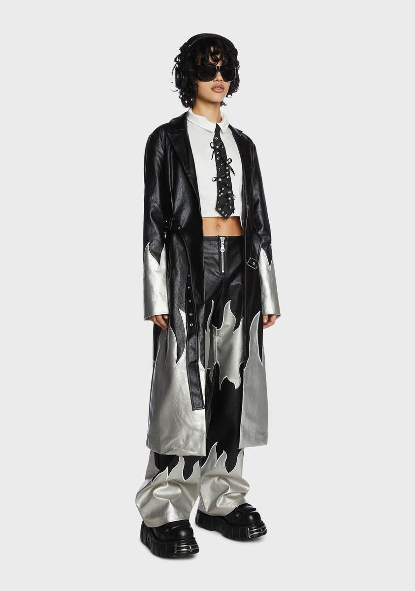 The Ragged Priest Flame Vegan Leather Trench Coat - Black/Silver