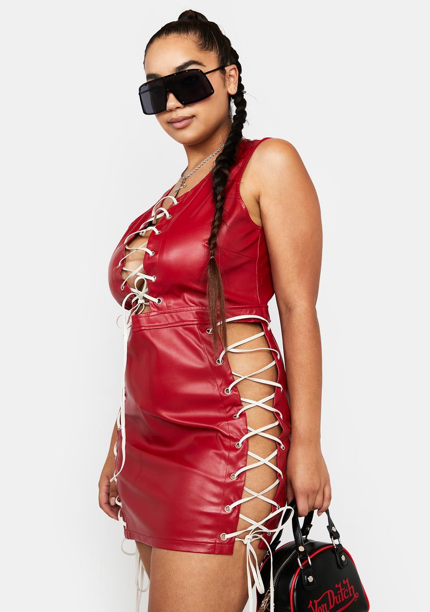 Plus Size Faux Leather Contrast Lace Up Cut Out Mini Dress