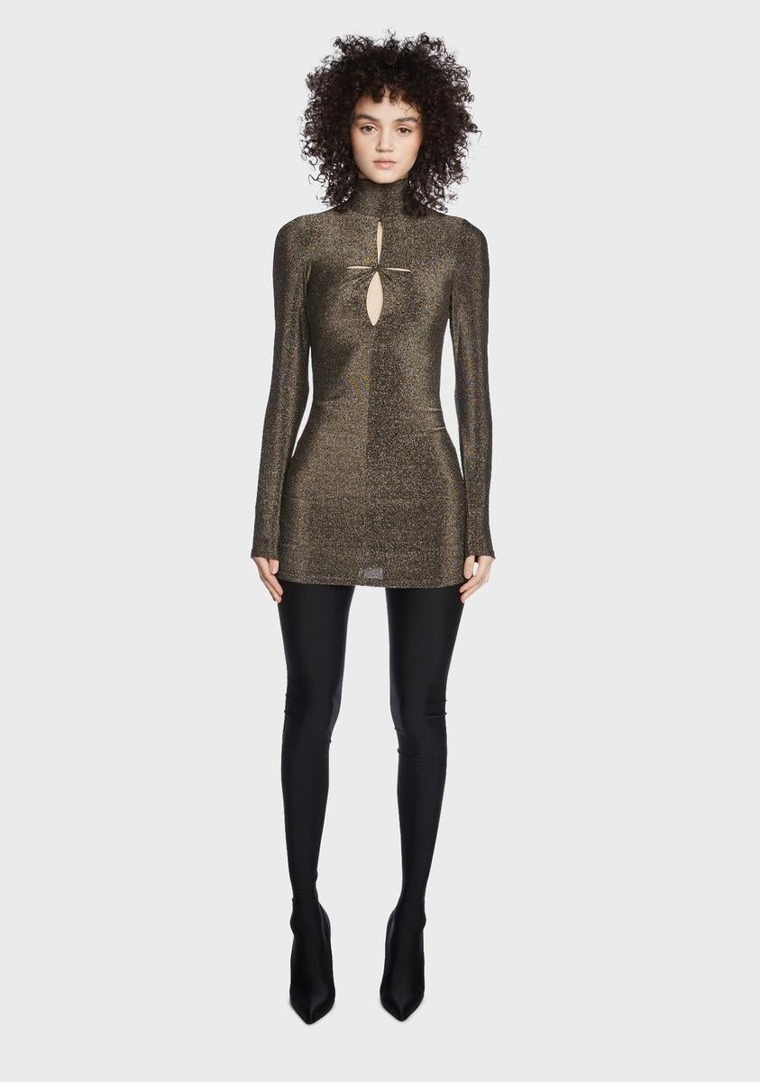 RARE LONDON Glitter Cut Out Turtleneck Mini Dress - Gold – Dolls Kill