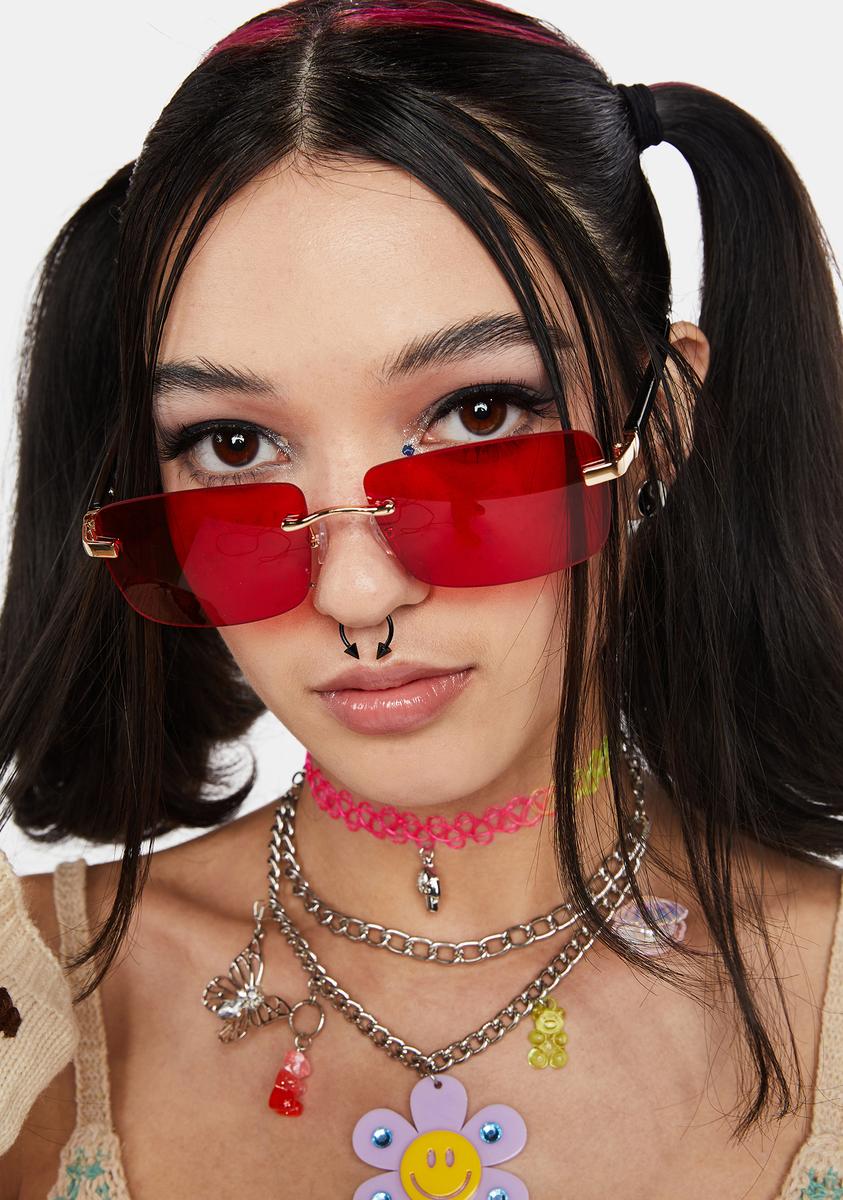 Rimless Oversized Rectangular Tinted Lenses Sunglasses - Red – Dolls Kill