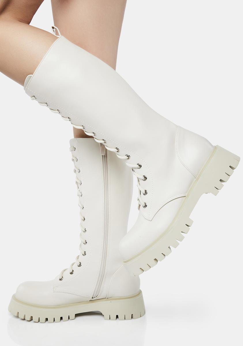 Koi Footwear Knee High Lace Up Combat Boots Off White – Dolls Kill
