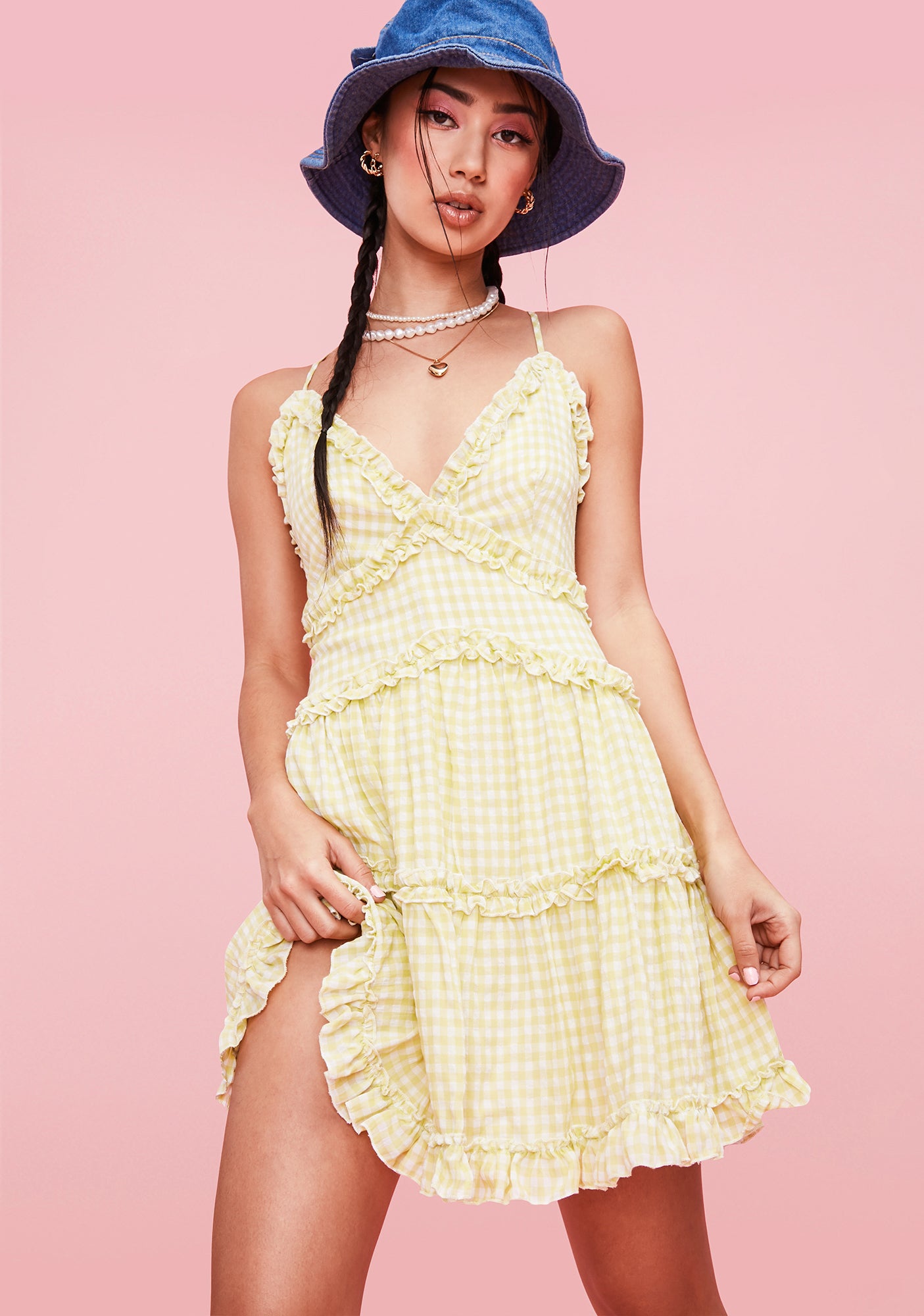 Pastel Ruffle Trim Plunge Gingham Mini Dress - Lime – Dolls Kill