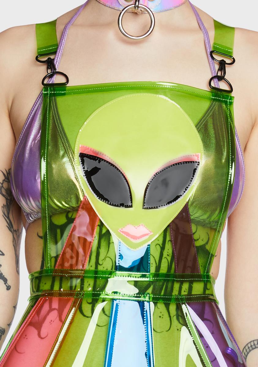 Club Exx Holographic Alien Overall Dress - Green/Multi  Dolls Kill