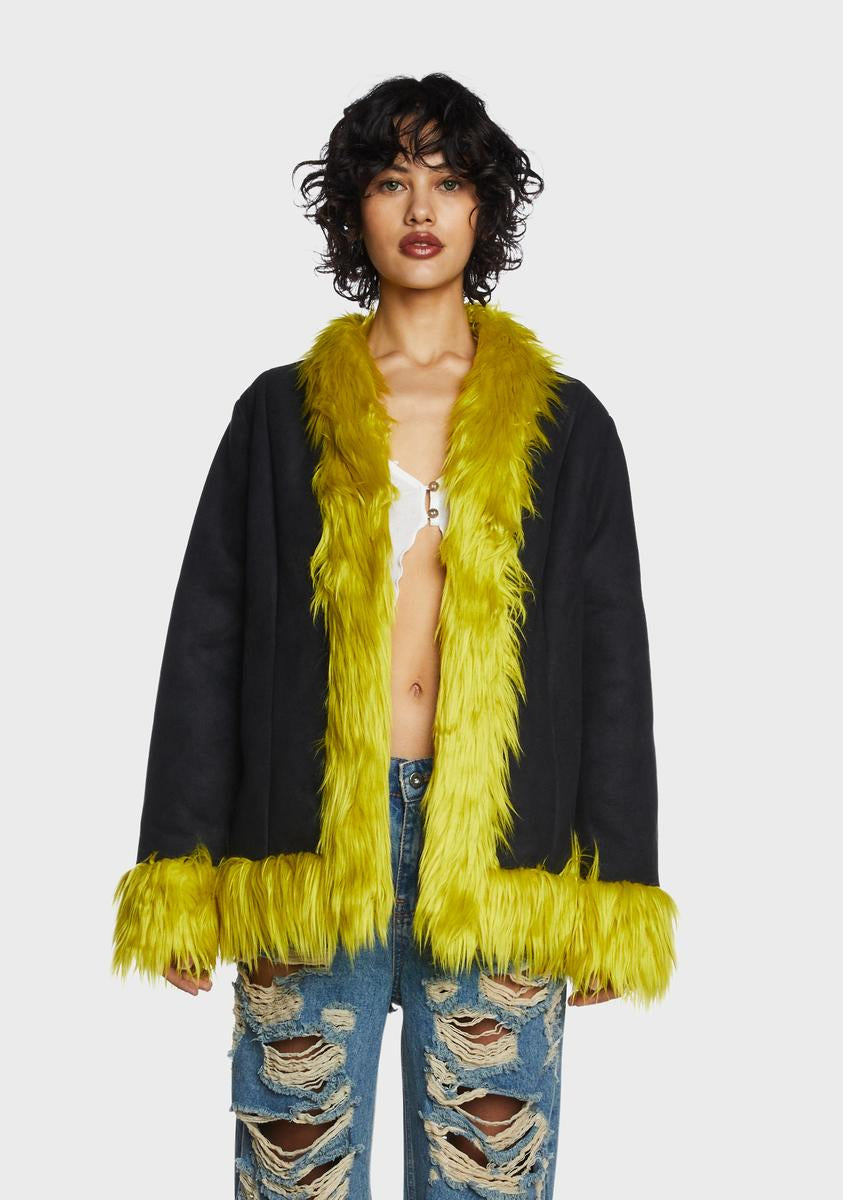 The Ragged Priest Faux Fur Trim Coat - Black/Yellow – Dolls Kill