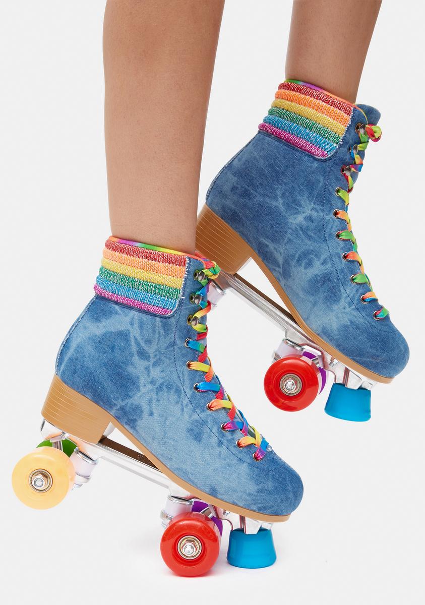 Rainbow Detail Denim Quad Roller Skates Blue Dolls Kill