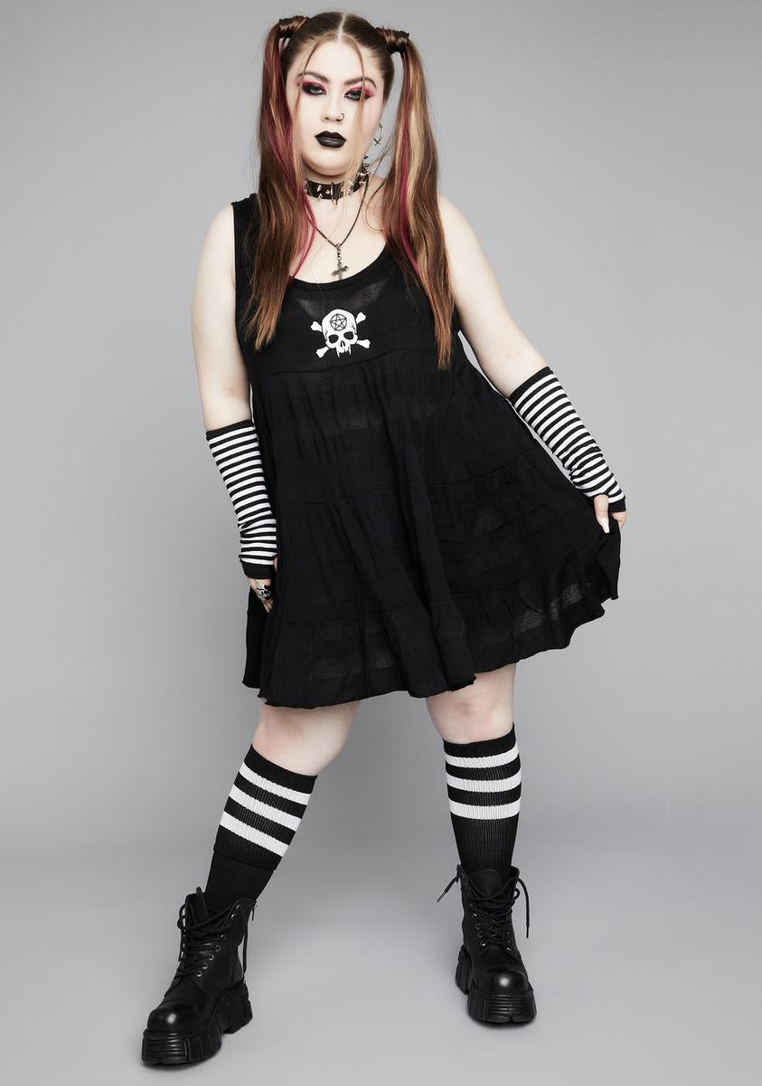 Widow Mall Goth Plus Size Embroidered Skull Striped Mini Dress