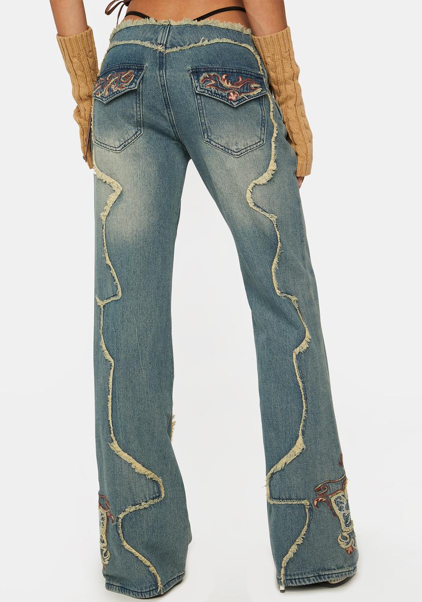 Jaded London Floral Embroidered Low Rise Denim Jeans Dolls Kill