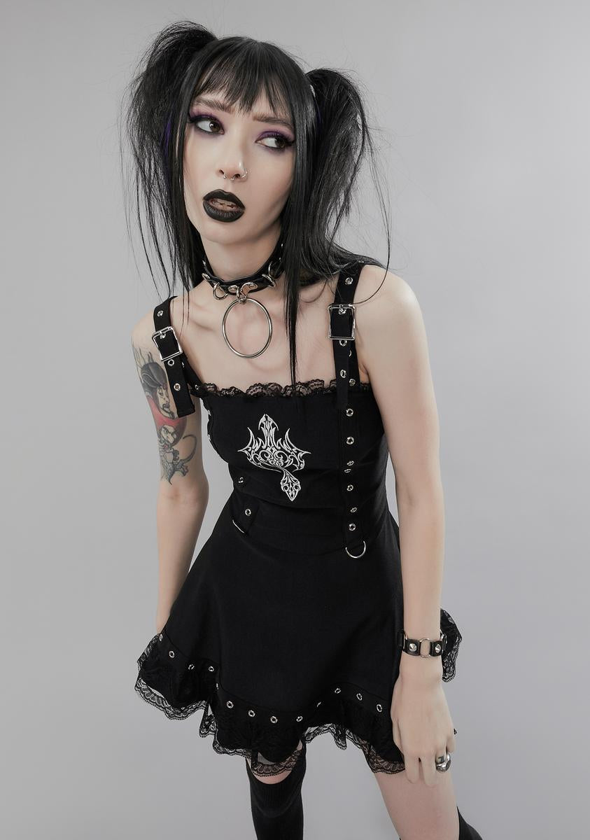 Widow Cross Embroidered Mini Dress With Eyelet Buckle Straps – Dolls Kill