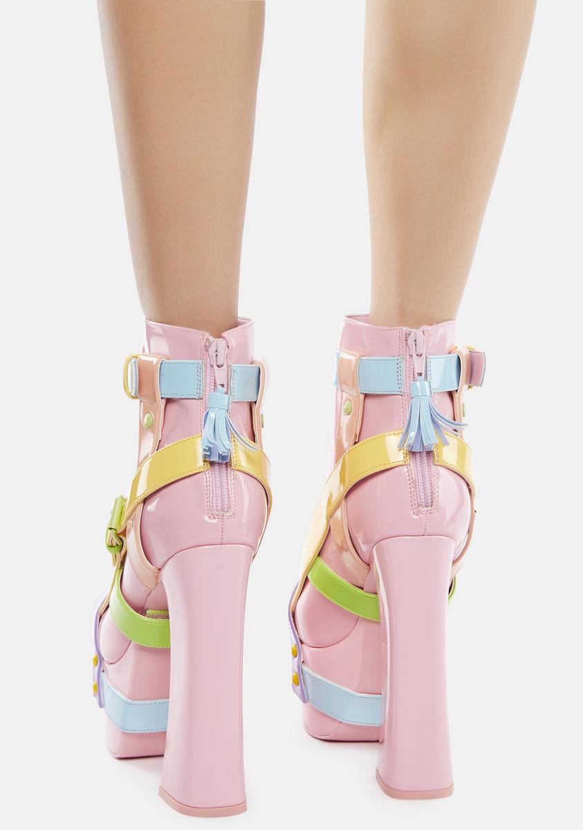 YRU Bondage Buckle Heeled Platform Ankle Boots Pastel Dolls Kill