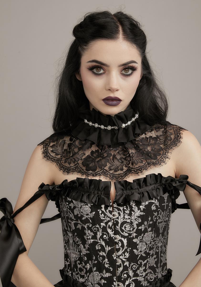 Lace Collar With Pearl Beads And Ruffles - Black – Dolls Kill
