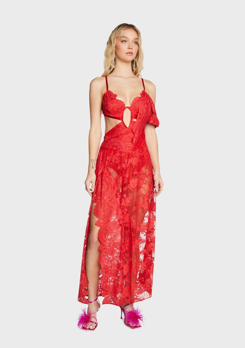 for love and lemons red lace dress For Love & Lemons Casey Lace-Inset Midi Dress