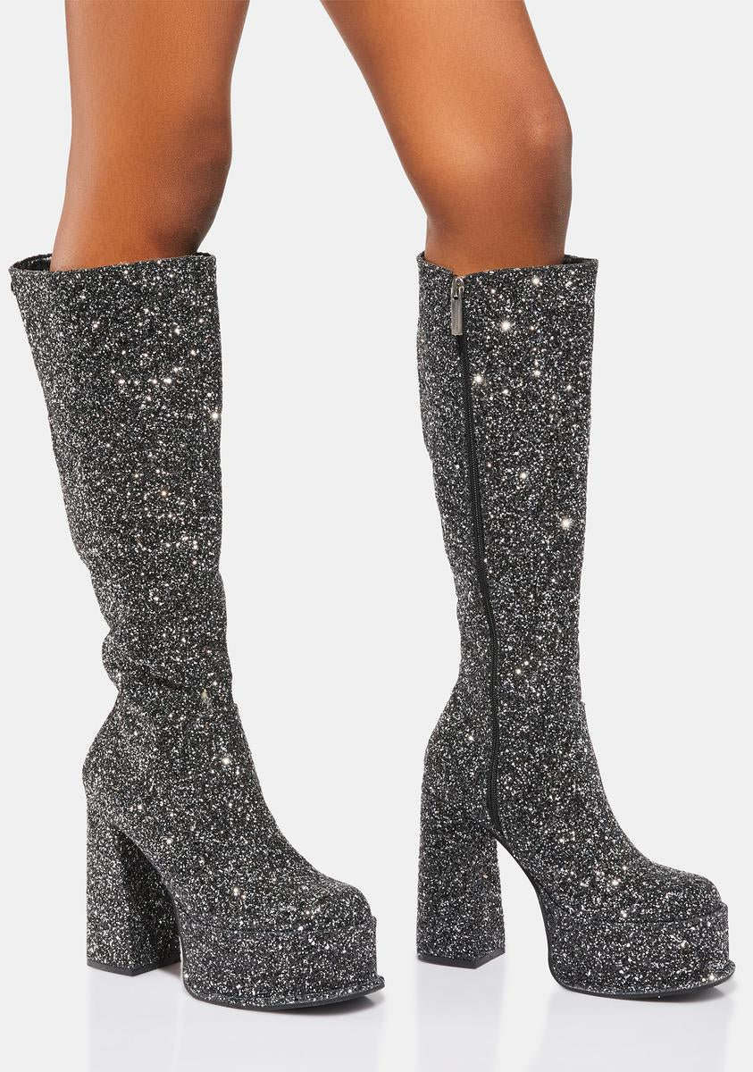 Black Glitter Kia Knee High Boots Shellys London,All Products : American Fashion Style Bags On Sale