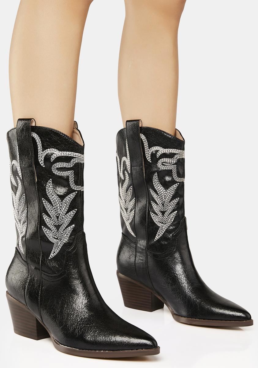 Patent Vegan Leather Stitched Cowboy Boots - Black – Dolls Kill