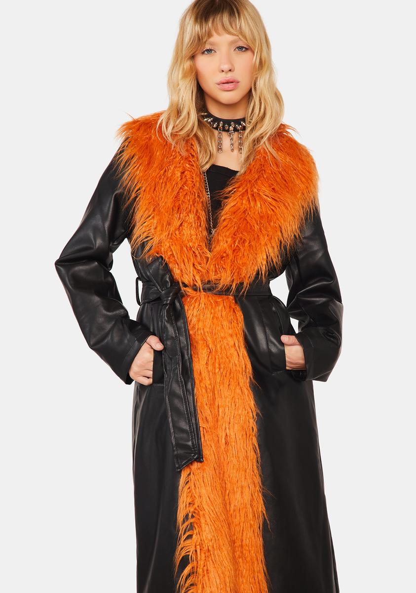 AZALEA WANG Faux Fur Trim Vegan Leather Coat - Black/Orange