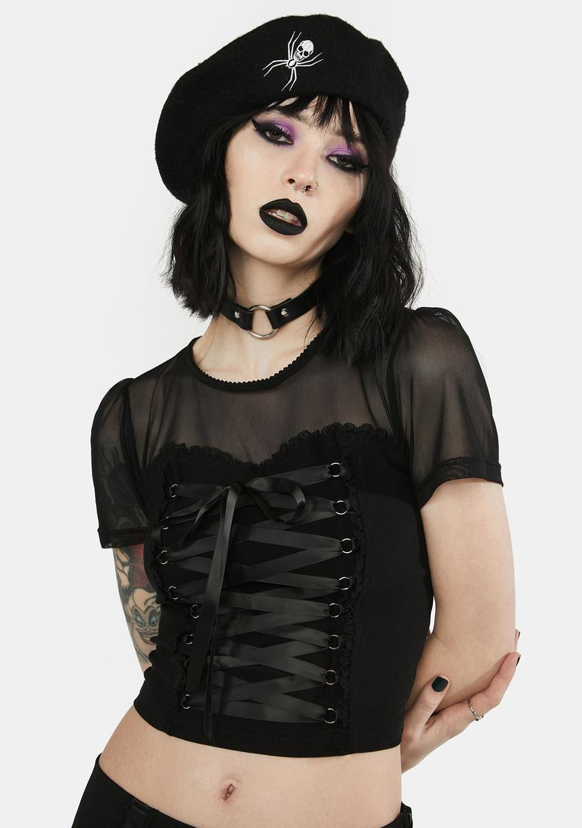 The Grave Girls Sheer Mesh Crop Top With Lace Up Detailing - Black ...