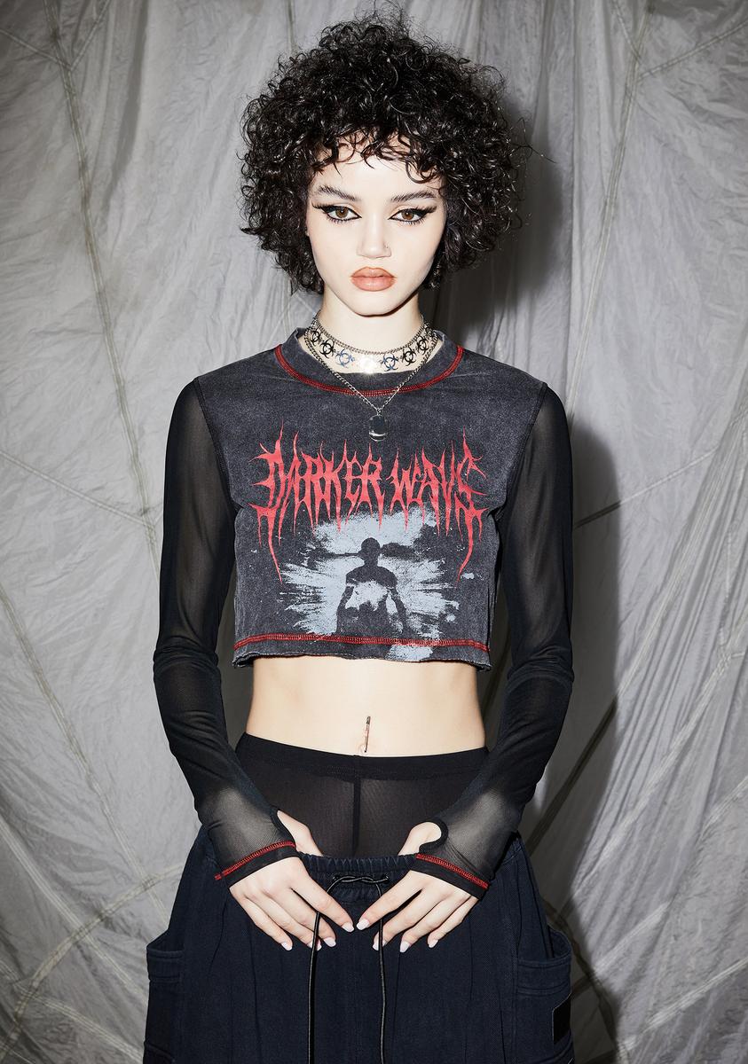 Reverb Mesh Sleeve Graphic Crop Tee DARKER WAVS,Specials : American Fashion Style Bags On Sale