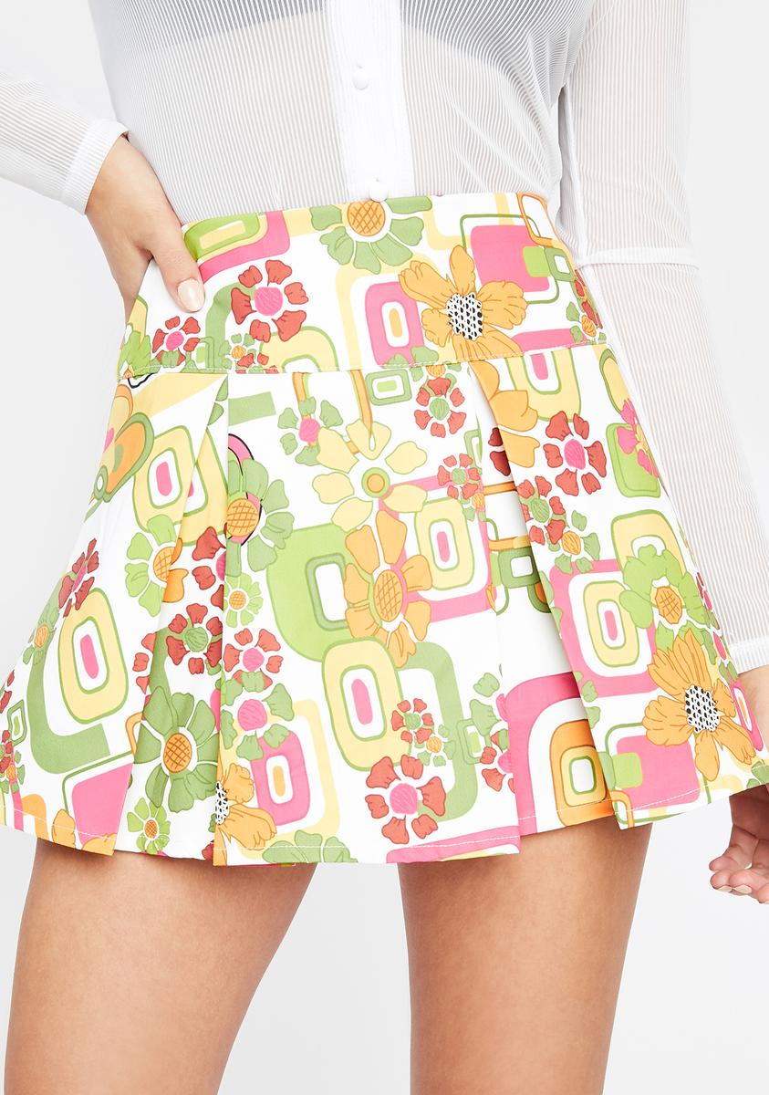 Retro Geometric Floral Pleated Mini Skirt - Green – Dolls Kill