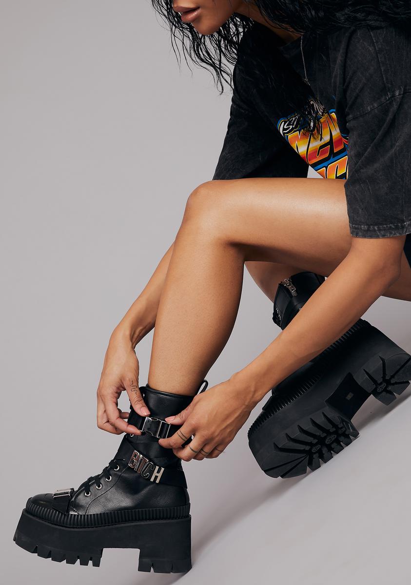 Poster Grl Bad Bitch Lace Up Platform Combat Boots - Black
