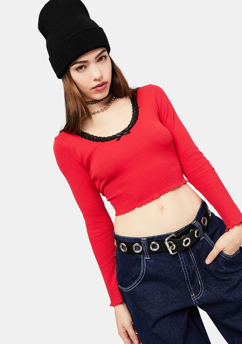 Delias Lace Trim Long Sleeve Thermal Crop Top - Red Black – Dolls Kill