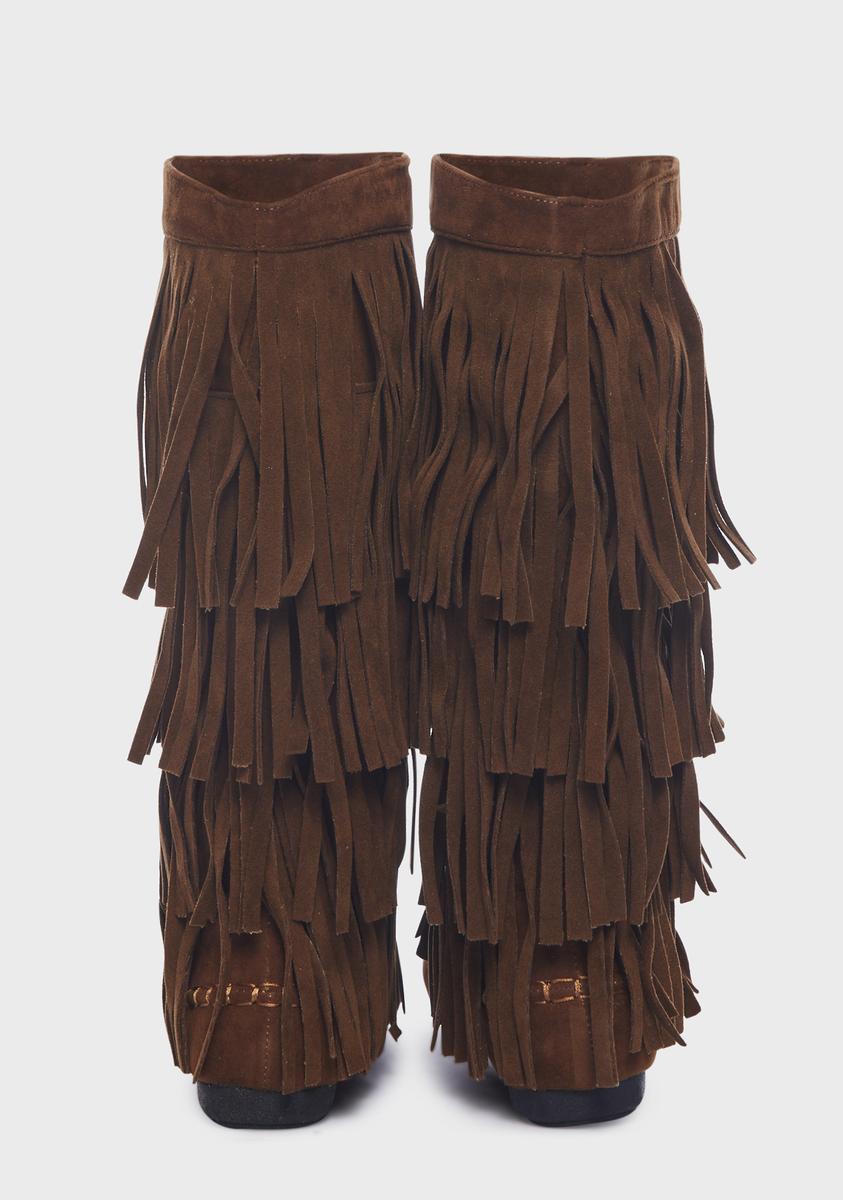 Suede Fringe Boots - Brown/Tan – Dolls Kill