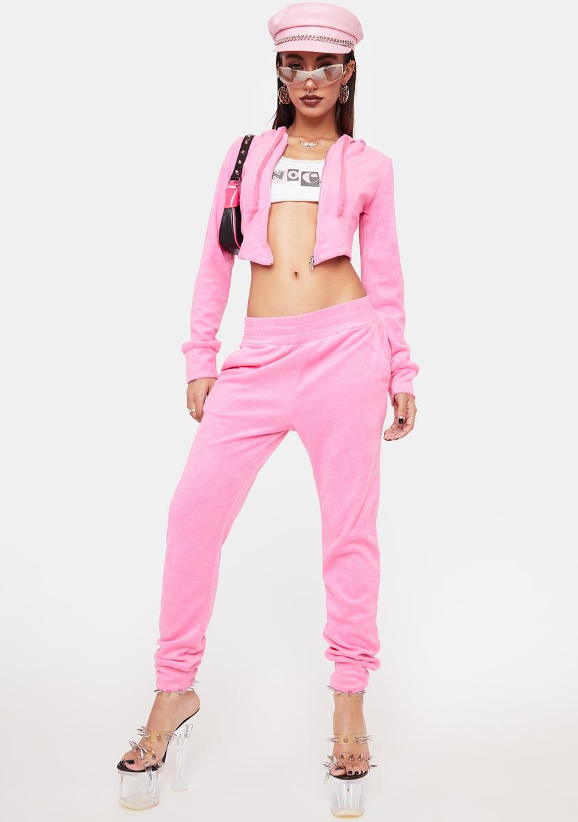 Velour Cropped Zip Up Hoodie And Lounge Pants Set Pink – Dolls Kill