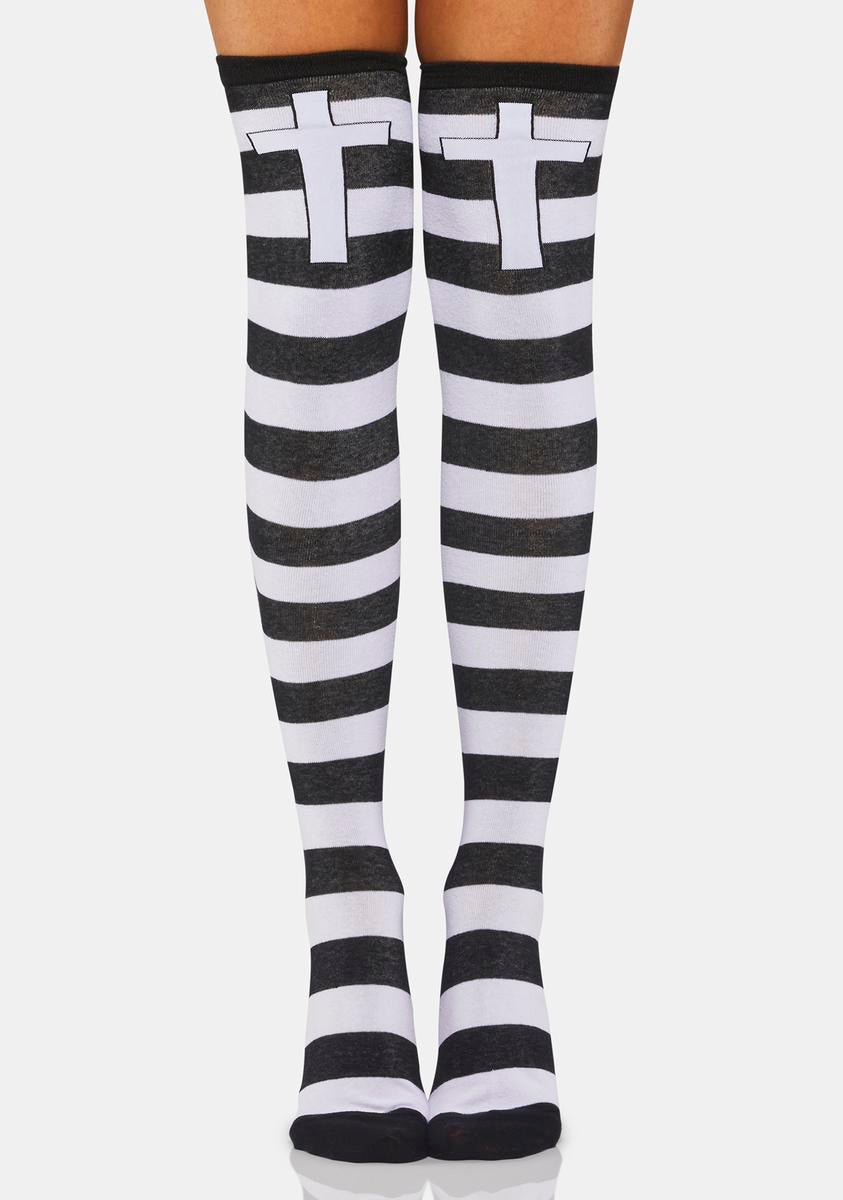 Cross Graphic Striped Thigh High Socks - Black/White – Dolls Kill