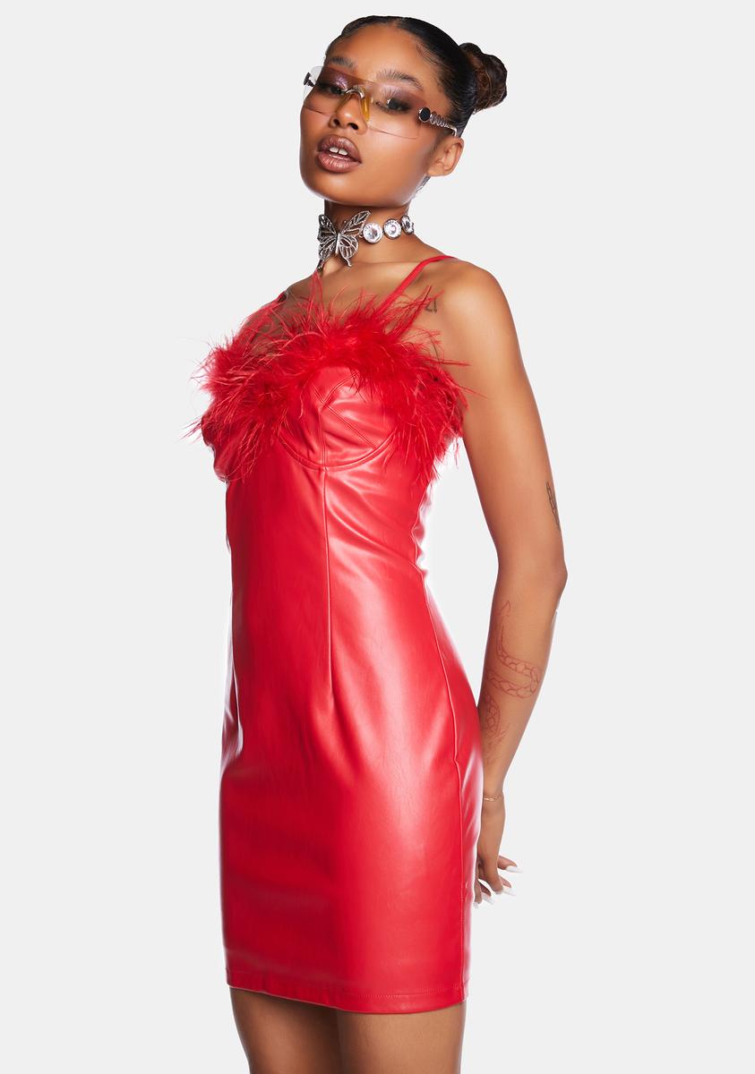 Vegan Leather Marabou Feather Mini Dress