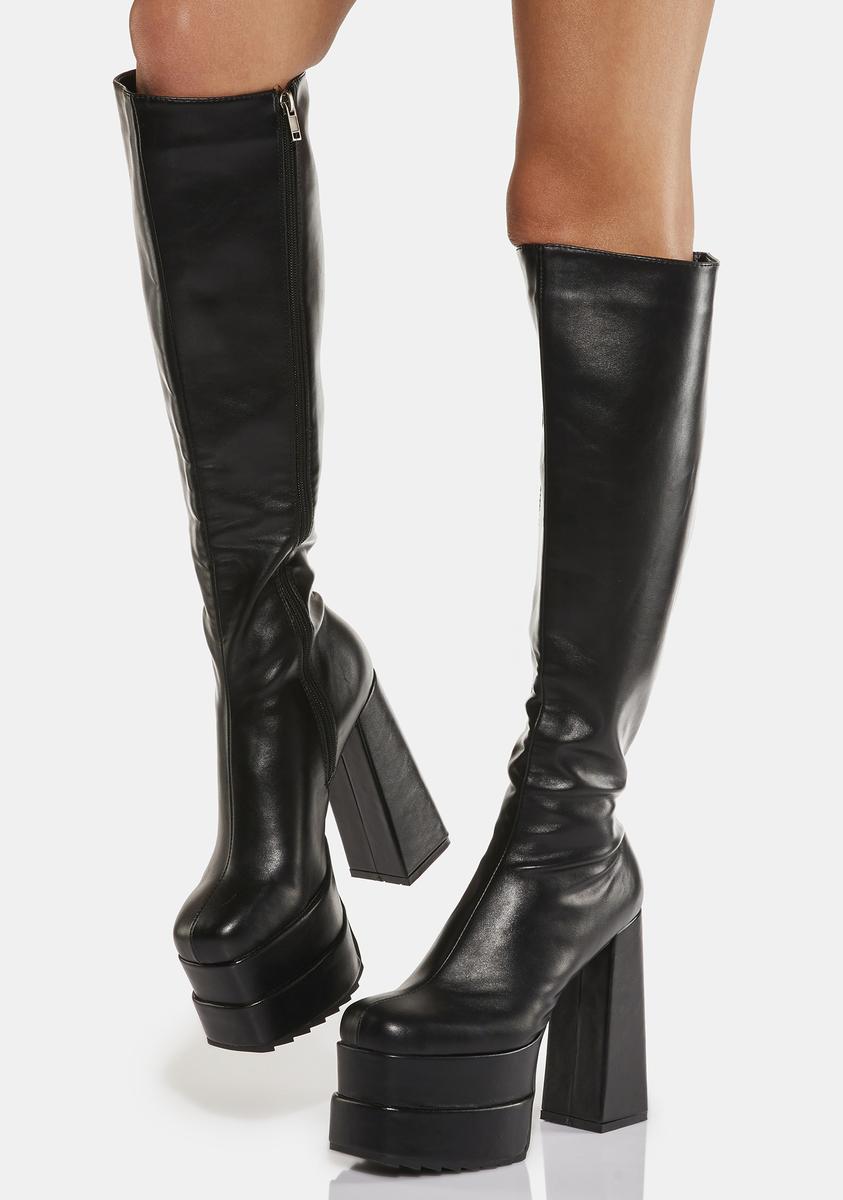 Lamoda Double Platform Heel Knee High Vegan Leather Boots - Black ...