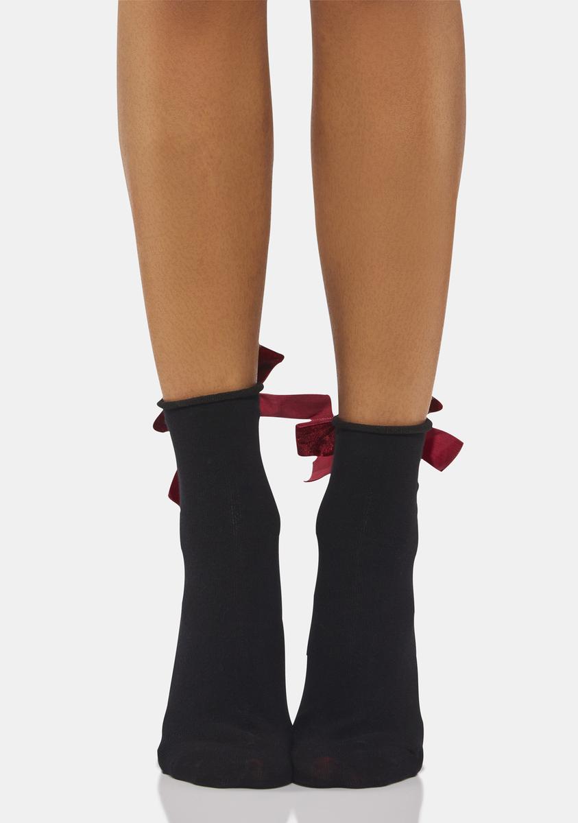Sheer Ankle Socks With Velvet Bows Black Red Dolls Kill