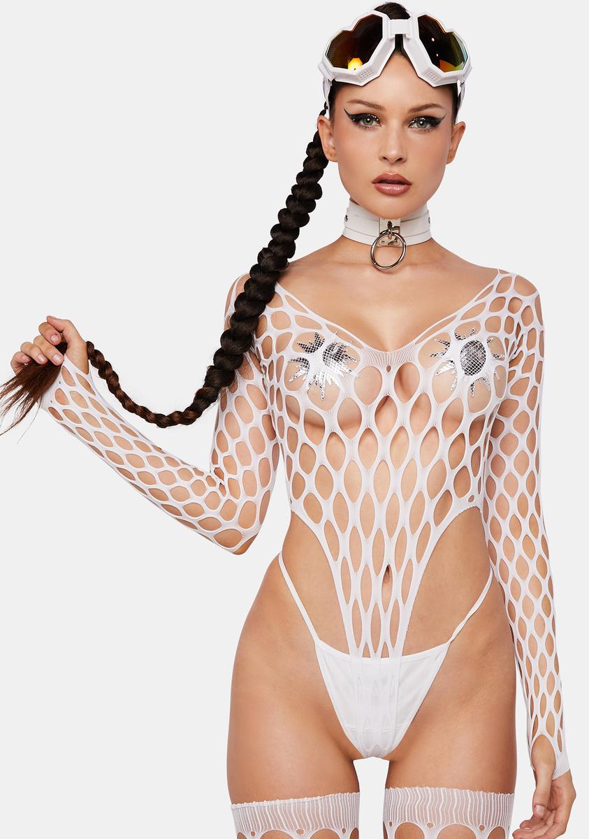High Cut Wide Fishnet Bodysuit And Stockings Set - White – Dolls Kill