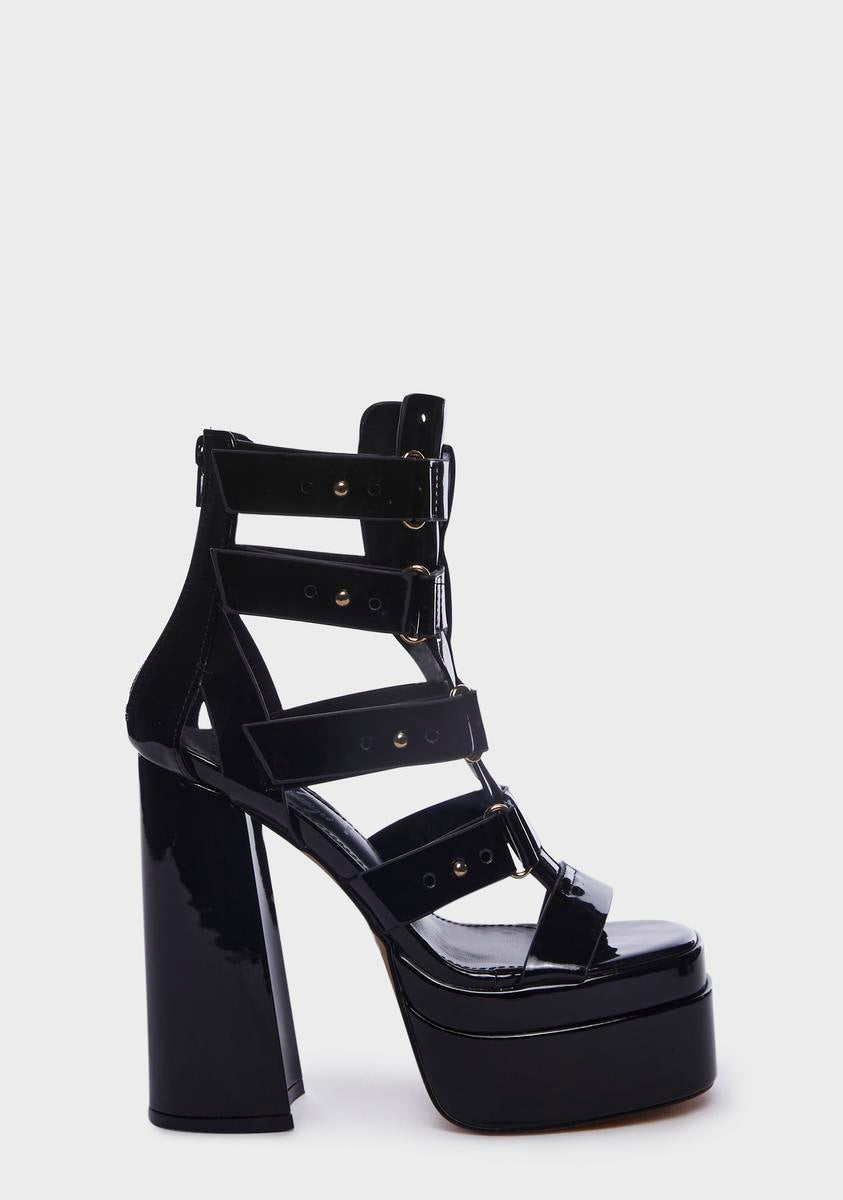 Lemon Drop by Privileged Strappy Platform Block Heels - Black Patent â Dolls Kill