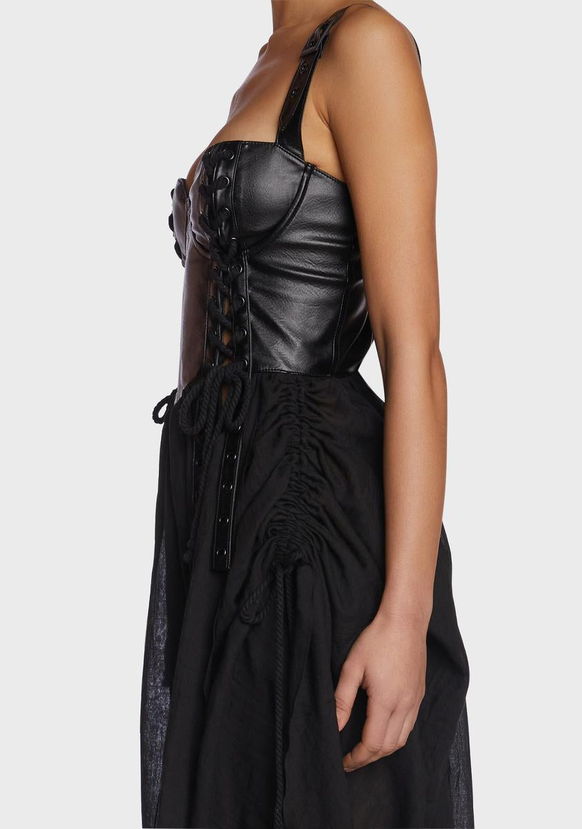 Darker Wavs Vegan Leather Corset Maxi Dress - Black Dolls Kill Darker Wavs Vegan Leather Corset Maxi Dress - Black Dolls Kill