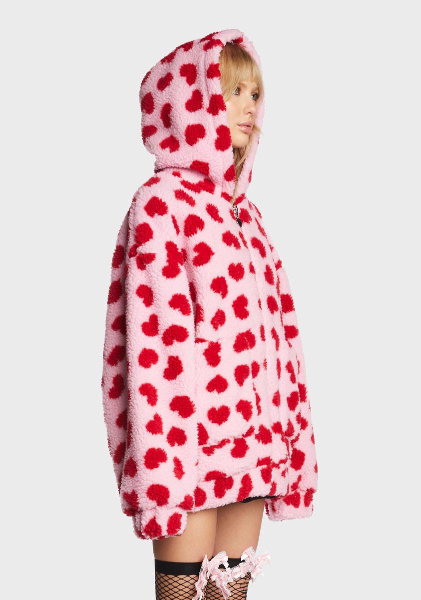 Sugar Thrillz Heart Print Teddy Fleece Oversized Jacket Pink/Red