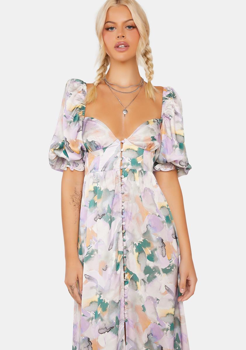 strapless open back dress For Love & Lemons Puff Sleeve Floral Maxi Dress