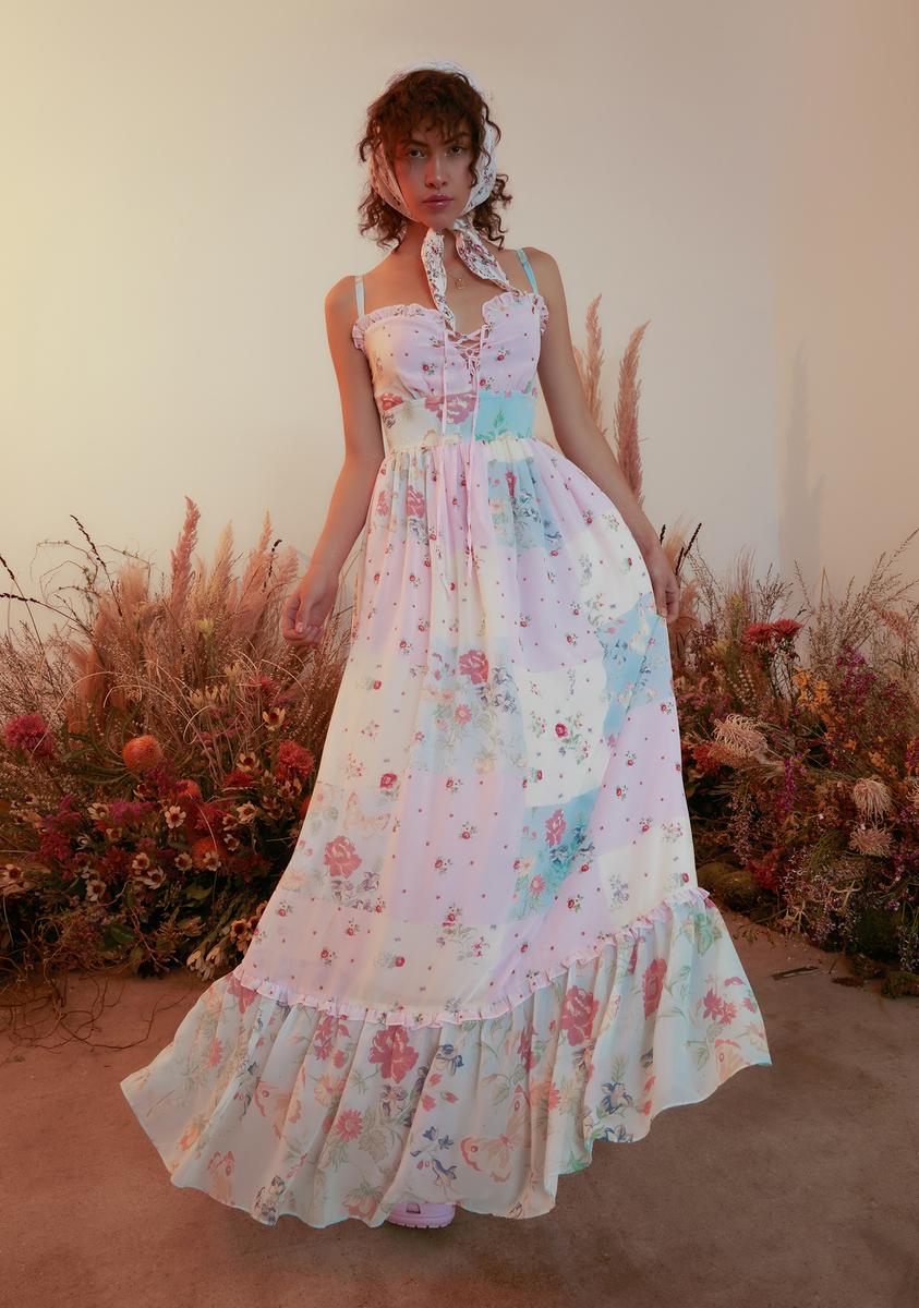 patchwork floral maxi dress Patchwork Floral Surplice Maxi Dress for Beach Vacation